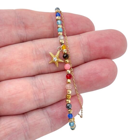 Gemstone Double Strand Gold Tone Starfish Dangle Sterling Silver 925 Anklet - Picture 1 of 8
